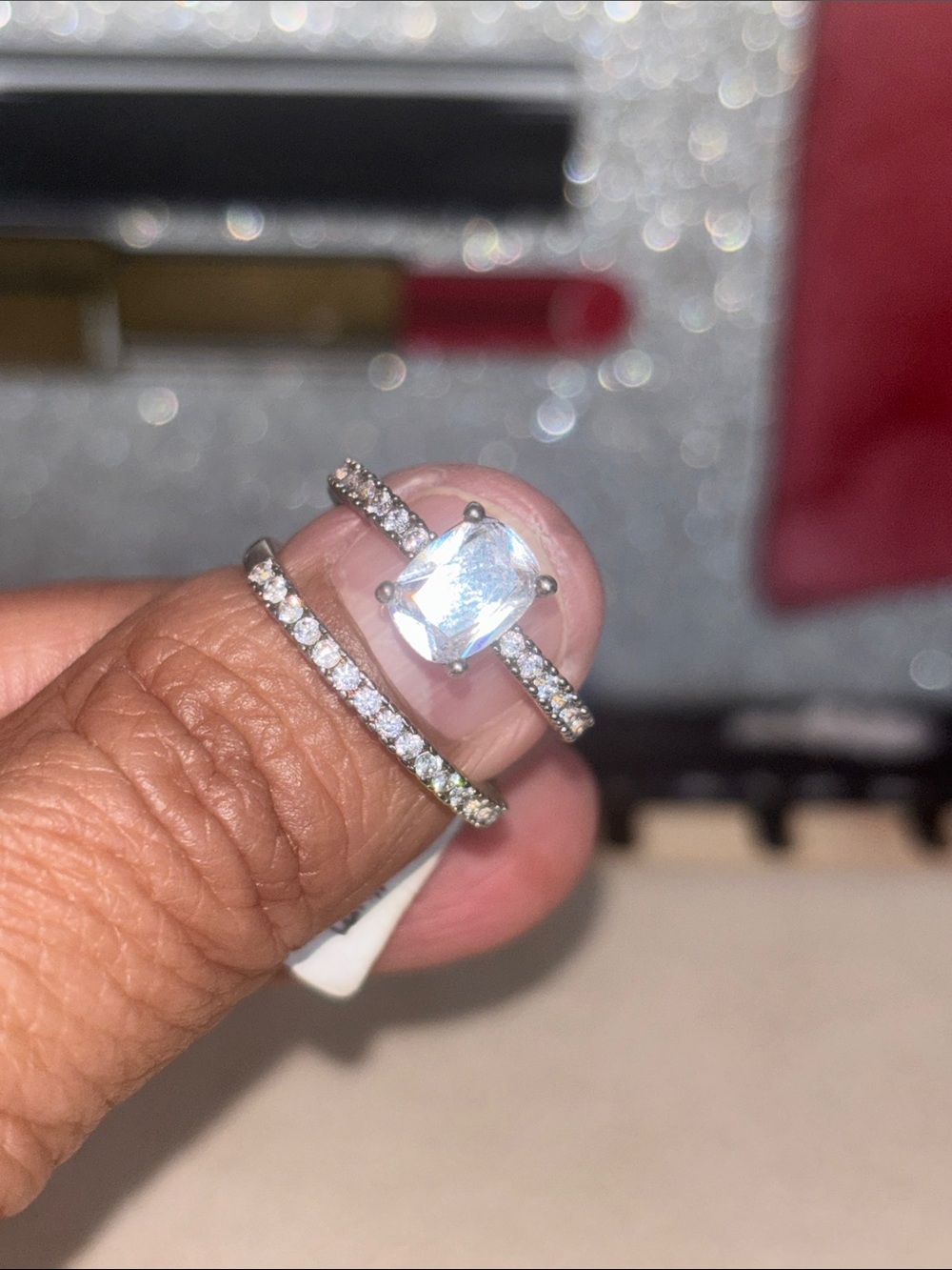 Silver Clear Cubic Zirconia Solitaire and Pave Wedding Ring Set - Size 7 White